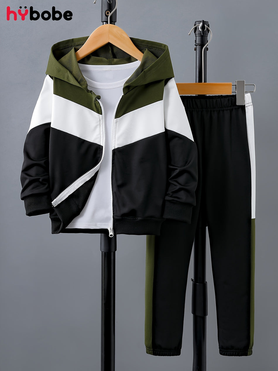 Boy's 2-piece Casual Co Ord Set, Retro Style Color Block Long Sleeve Jacket And Jogger Pants, Comfy Spring Fall Clothes