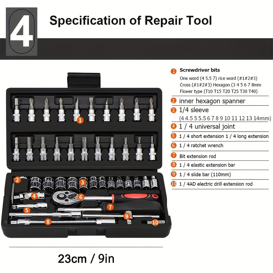 46pcs 2.54/10.16 Cm Drive Socket Ratchet Wrench Set, With Bit Socket Set, Metric And Extension Bar For Auto Repairing And Household, With Storage Case