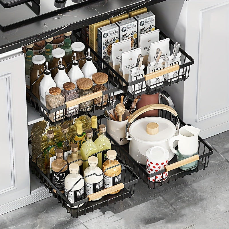 Black Pull-Out Cabinet Organizer With Sliding Mesh Basket & Handle - Lightweight Stainless Steel - Cyprus