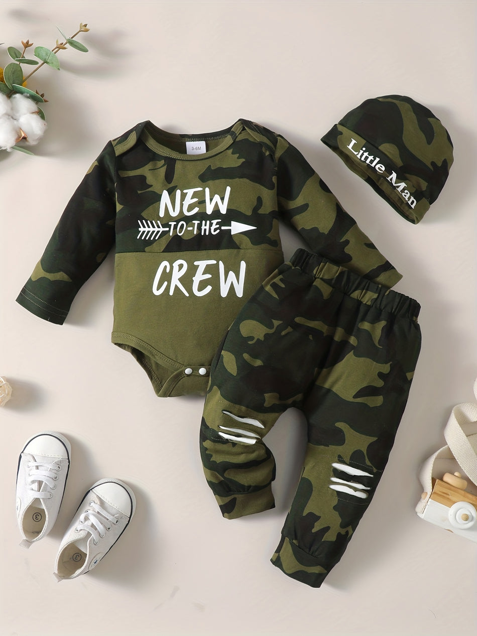 Neugeborene Kinderbaby 2PCS Casual Outfits - "Neu in der Crew" Grafische Strampler Top & Hosen Set