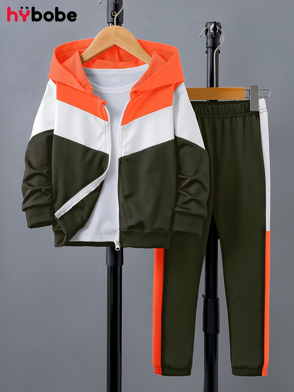 Boy's 2-piece Casual Co Ord Set, Retro Style Color Block Long Sleeve Jacket And Jogger Pants, Comfy Spring Fall Clothes