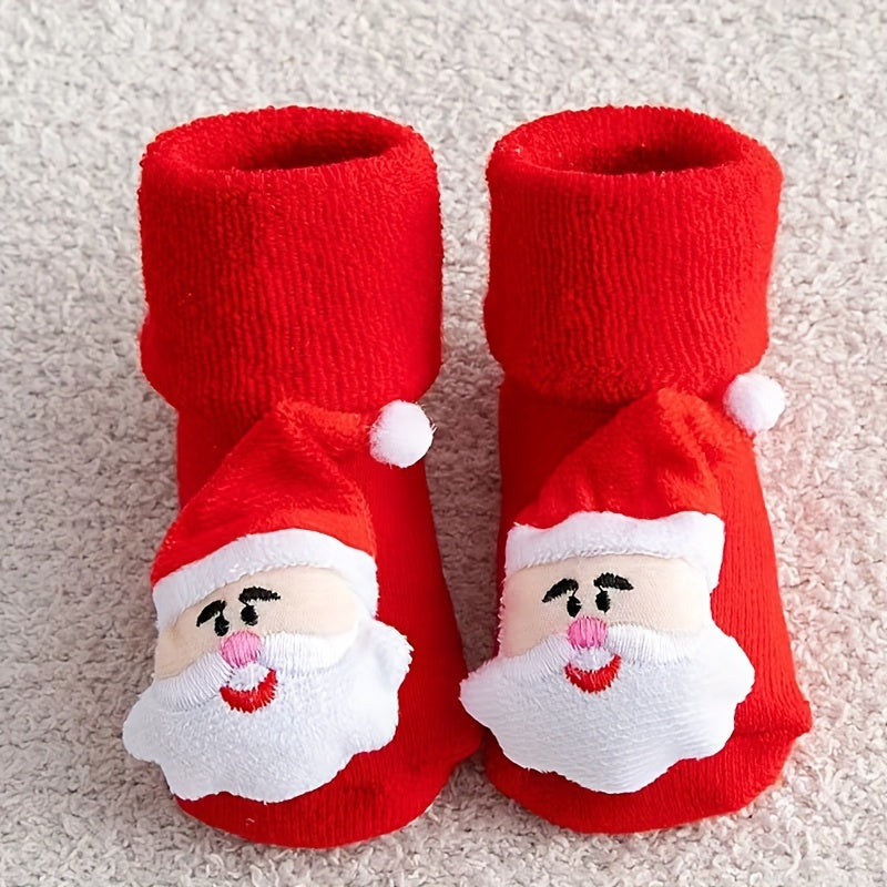 1 Paar Weihnachtssocken von kleinen Mädchen, niedliche Cartoon 3D-Weihnachtszubehör, dicke Baumwollsocken, rote, rutschfeste Bodensocken