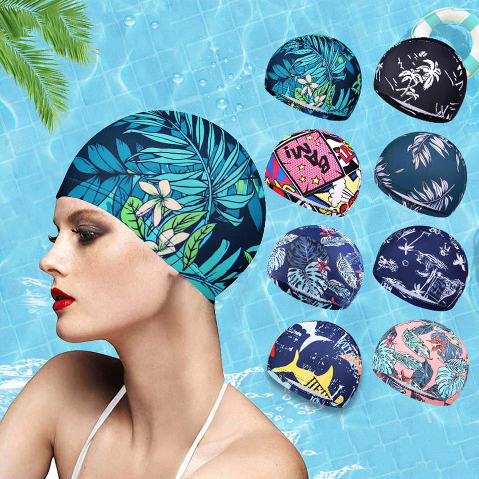 Cyprus Leaf Print Waterproof Swimming Cap: Stylish Ear Protection & Non-Slip Design