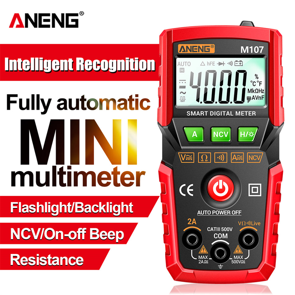 Aneng M107 Mini Digital Multimeter - 4000 Count AC/DC Tester με αυτόματο εύρος και οπίσθιο φωτισμό