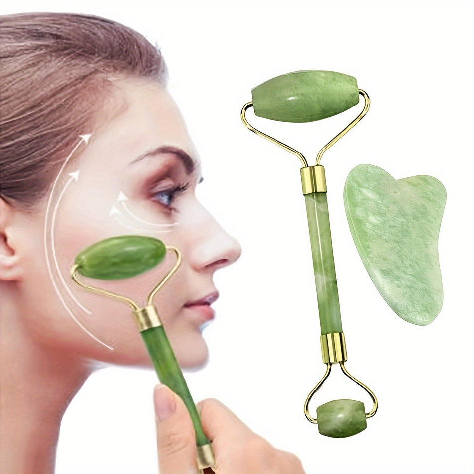 2pcs/set Jade Roller & Gua Sha - Jade Stone Massager Natural Stone Facial Massage Gua Sha Set For Face Eye Neck Skin Care - Gift For Men Women