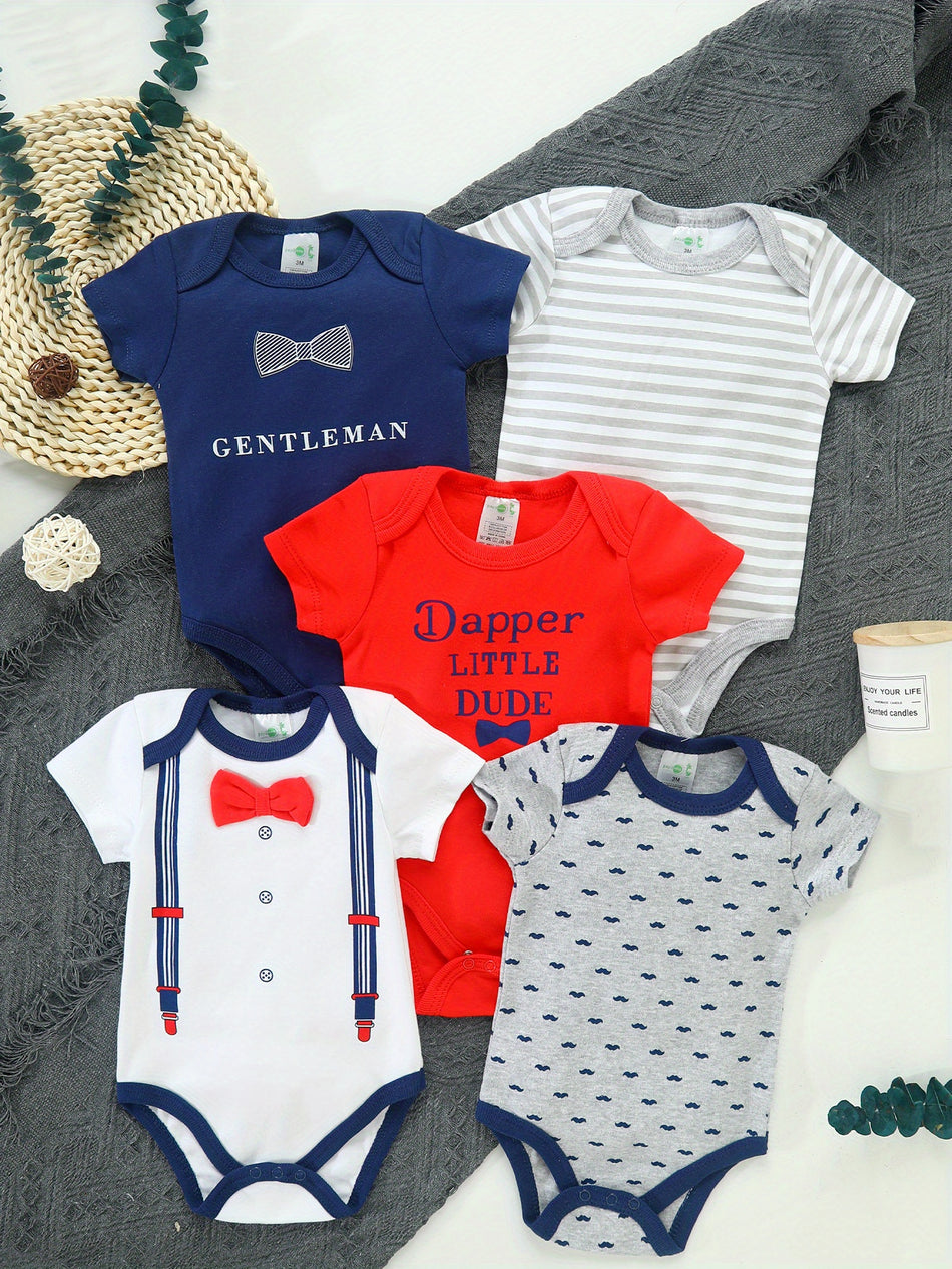 5pcs Gentleman Themed 100% Cotton Infant's Bodysuit - Cute Short Sleeve Onesie, Baby Boy's Clothing - Cyprus