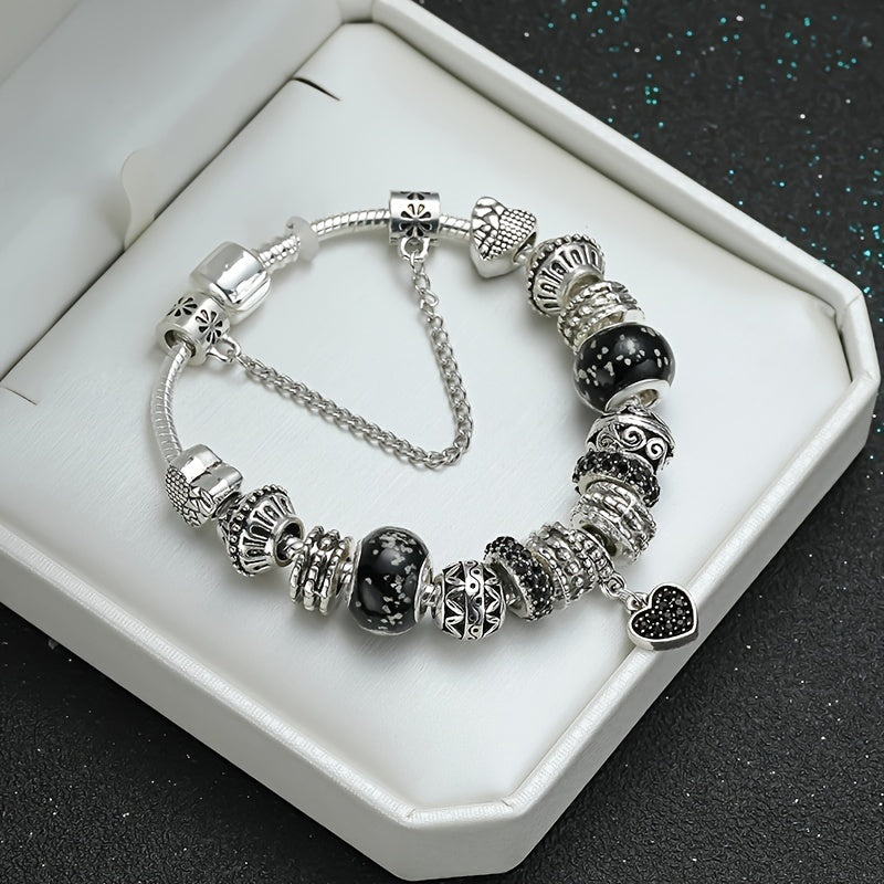 Silvery Black Beads Charm Bracelet Love Heart-Shaped - Cyprus