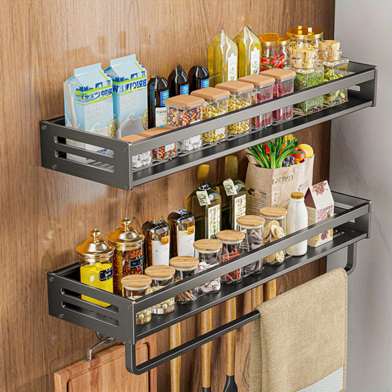 2-Tier Contemporary Aluminium Wall Shelf with Hooks for Spice & Utensil Storage