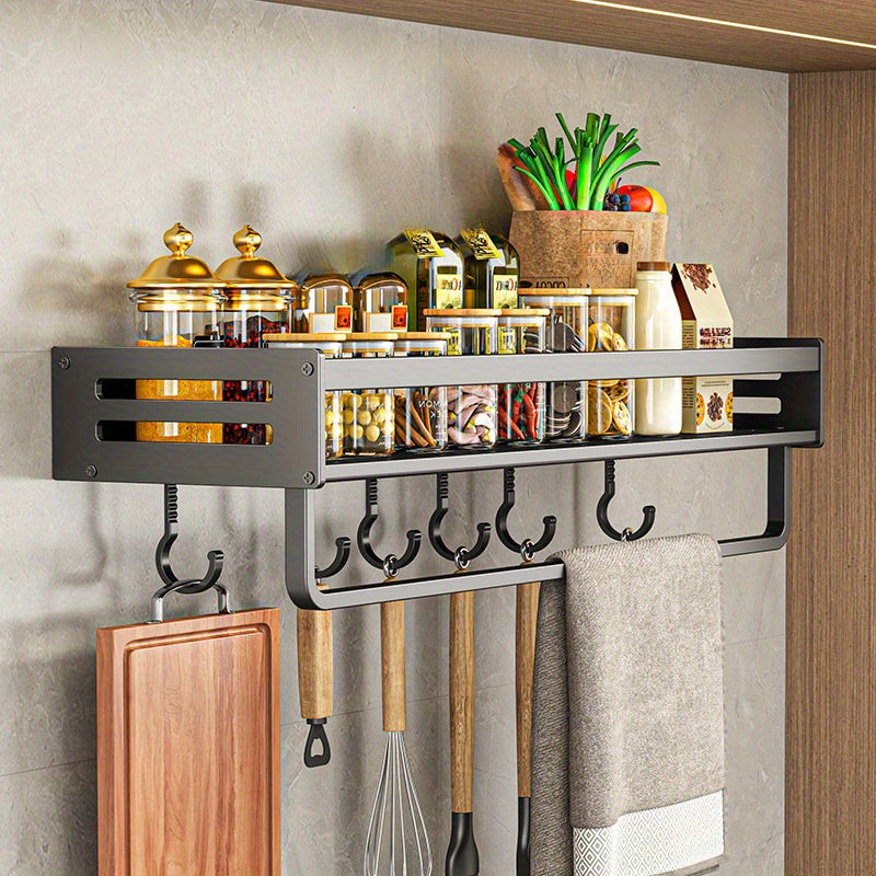 2-Tier Contemporary Aluminium Wall Shelf with Hooks for Spice & Utensil Storage