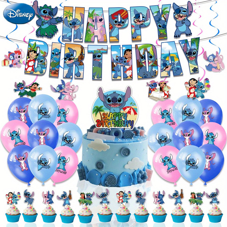 34pcs Stitch Hawaiian Style Party Set: Balloons, Banner, Cake Topper, Cupcake Decorations - Cyprus