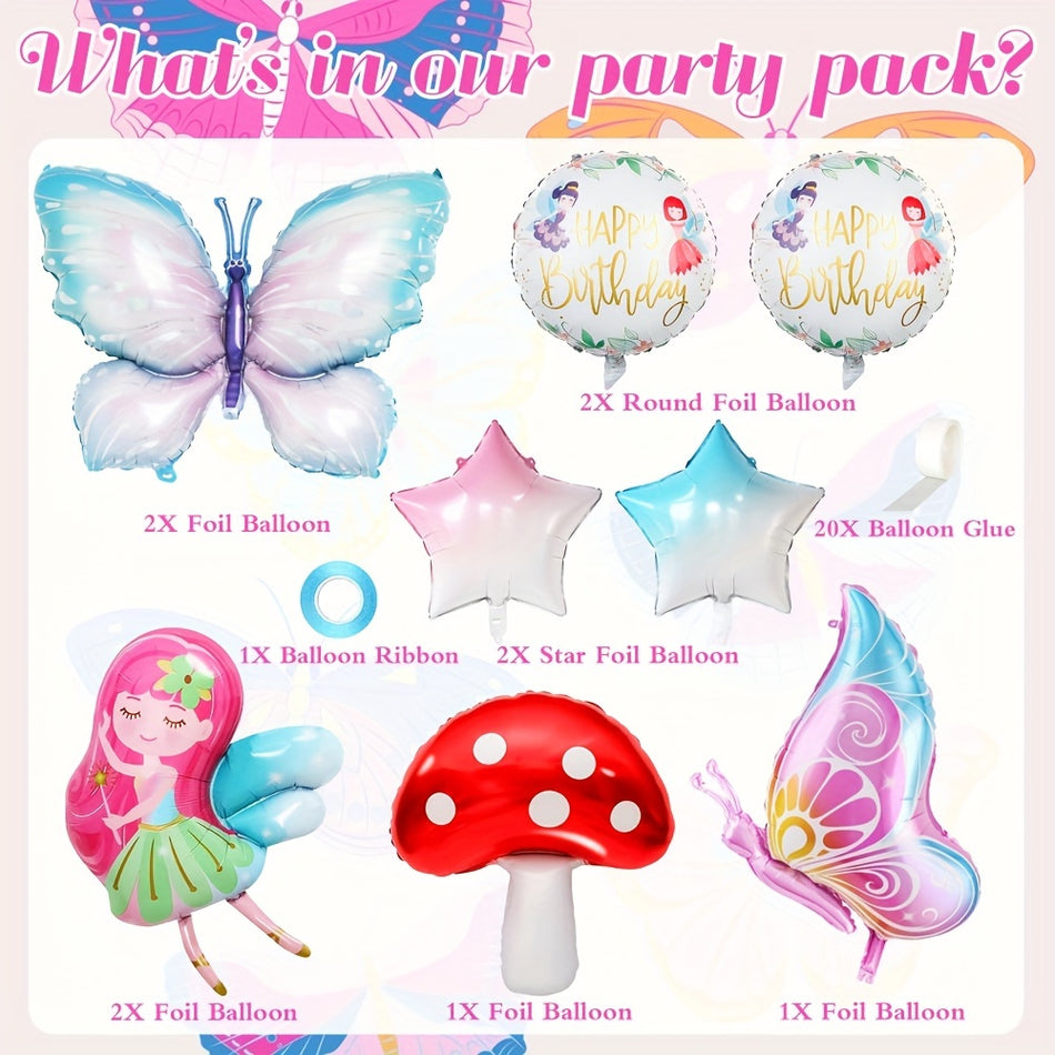 🔵 9pcs Fairy Birthday Party Set Set с бабочками и эльфийская фольга фольга