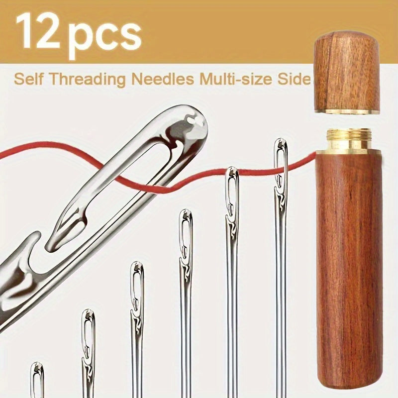 Easy Self-Threading Darning Needles in Assorted Sizes with Wooden Storage Tube