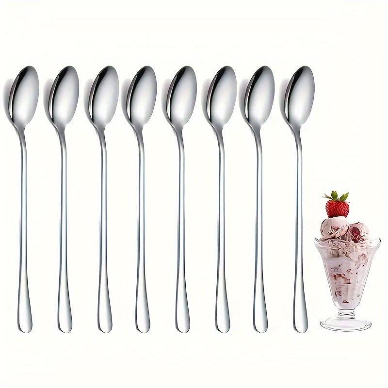 Polished Stainless Steel 8-Piece Long Handle Spoon Set for Ice Tea, Coffee & Ice Cream