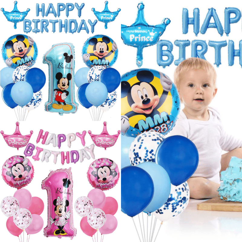 🔵 Mickey Mouse Theme Birthday Party Decoration Set - Disney Licensed Happy Birthday Banner, Minnie & Mickey Foil Balloons for First Birthday, Anniversary, Graduation - No Electricity Needed - Cyprus