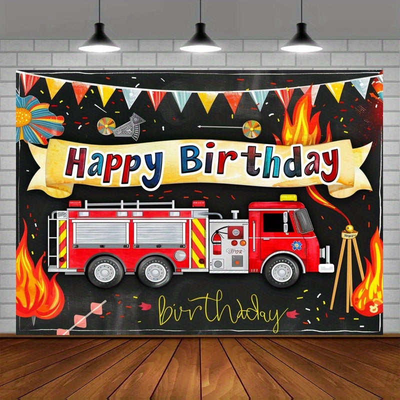 "Fire Truck Happy Birthday Banner, Polyester Backdrop for Party Decorations - Cyprus"