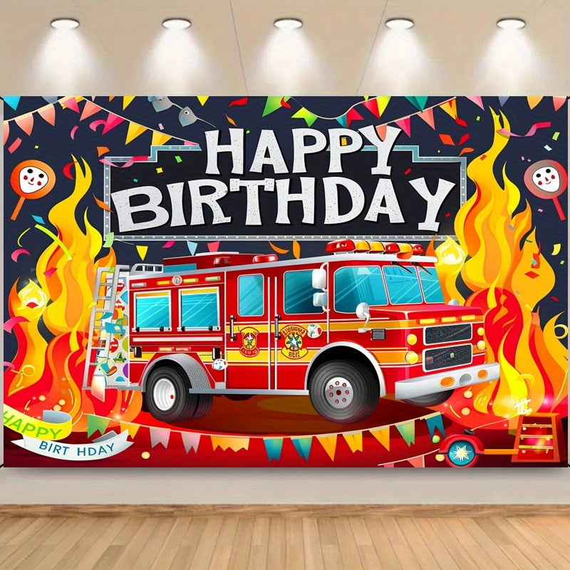 🔵 Flame & Firefighter Fire Truck Birthday Banner - Non-Electric Polyester Backdrop for All Ages - Cyprus