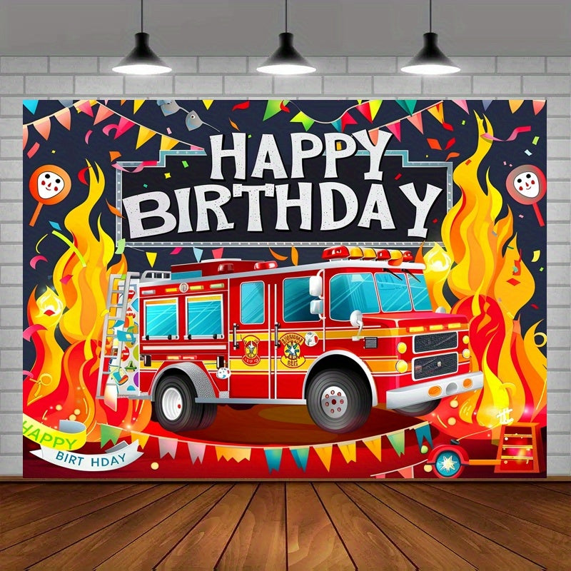 🔵 Баннер по день рождения пожарной машины Flame & Firefider