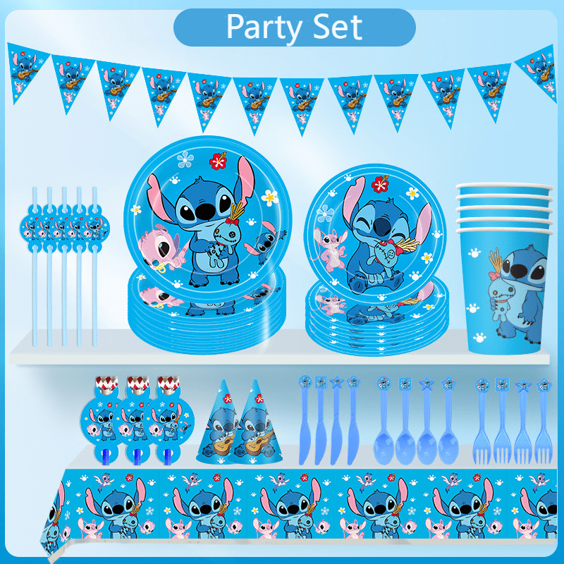 🔵 Disney Stitch 112 parçalı doğum günü partisi seti: canlı parti dekoru