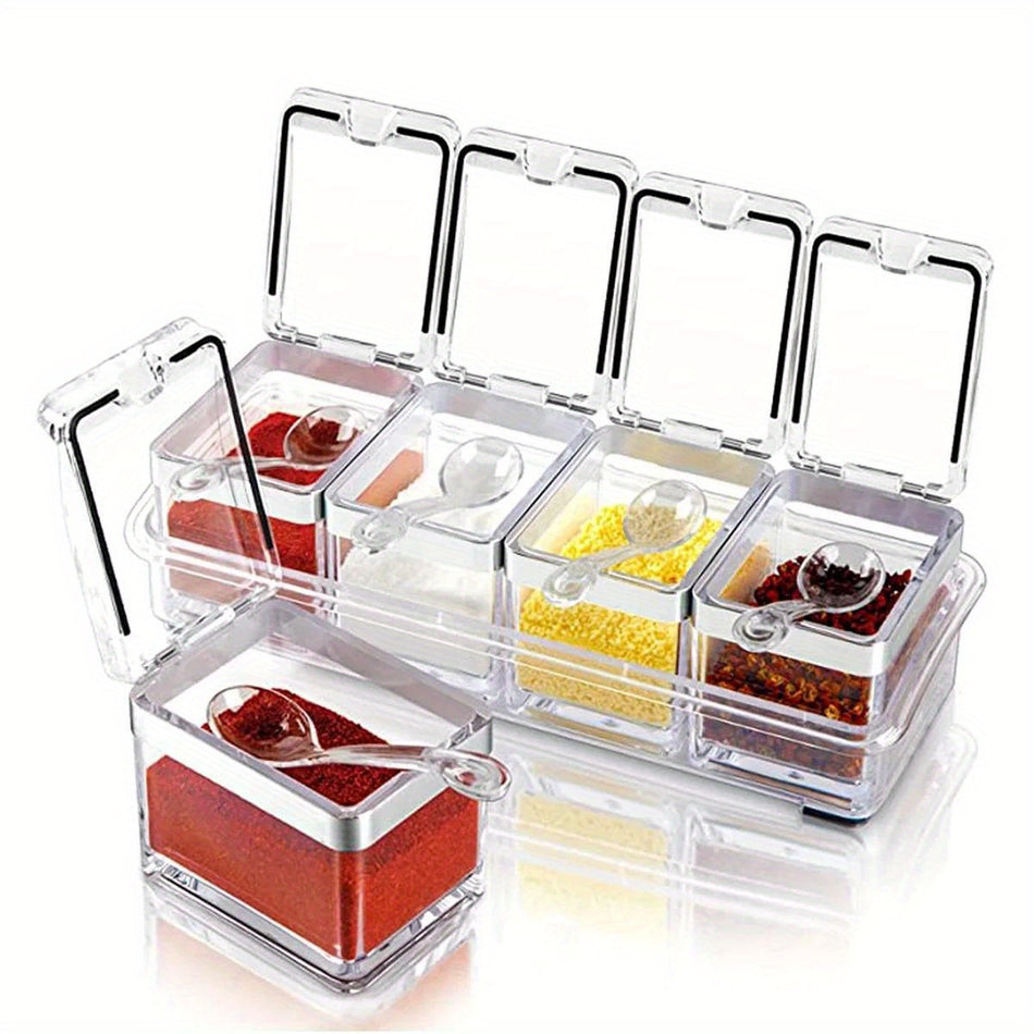 Clear 4-Piece Spice Jar Set with Spoons & Tray for Kitchen Organisation