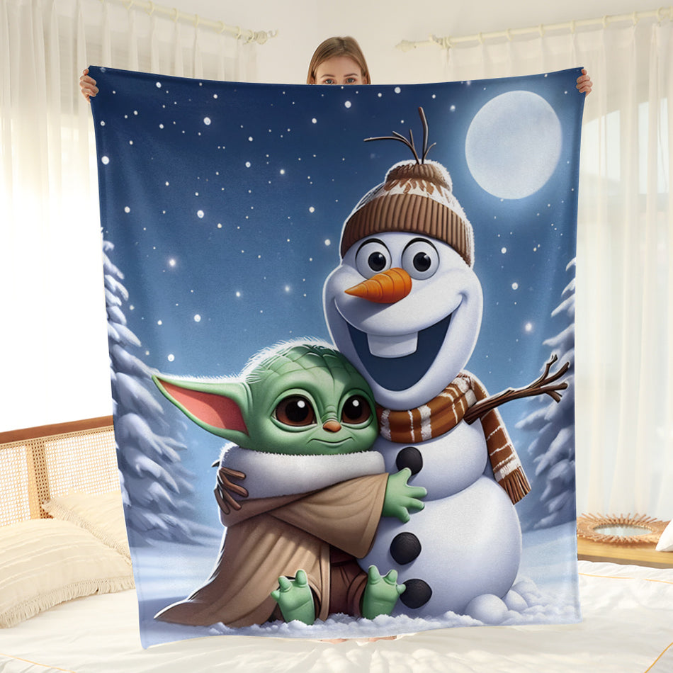 "Soft Fluffy Fleece Throw Blanket with Animated Snowman and Green Alien Character by UME"