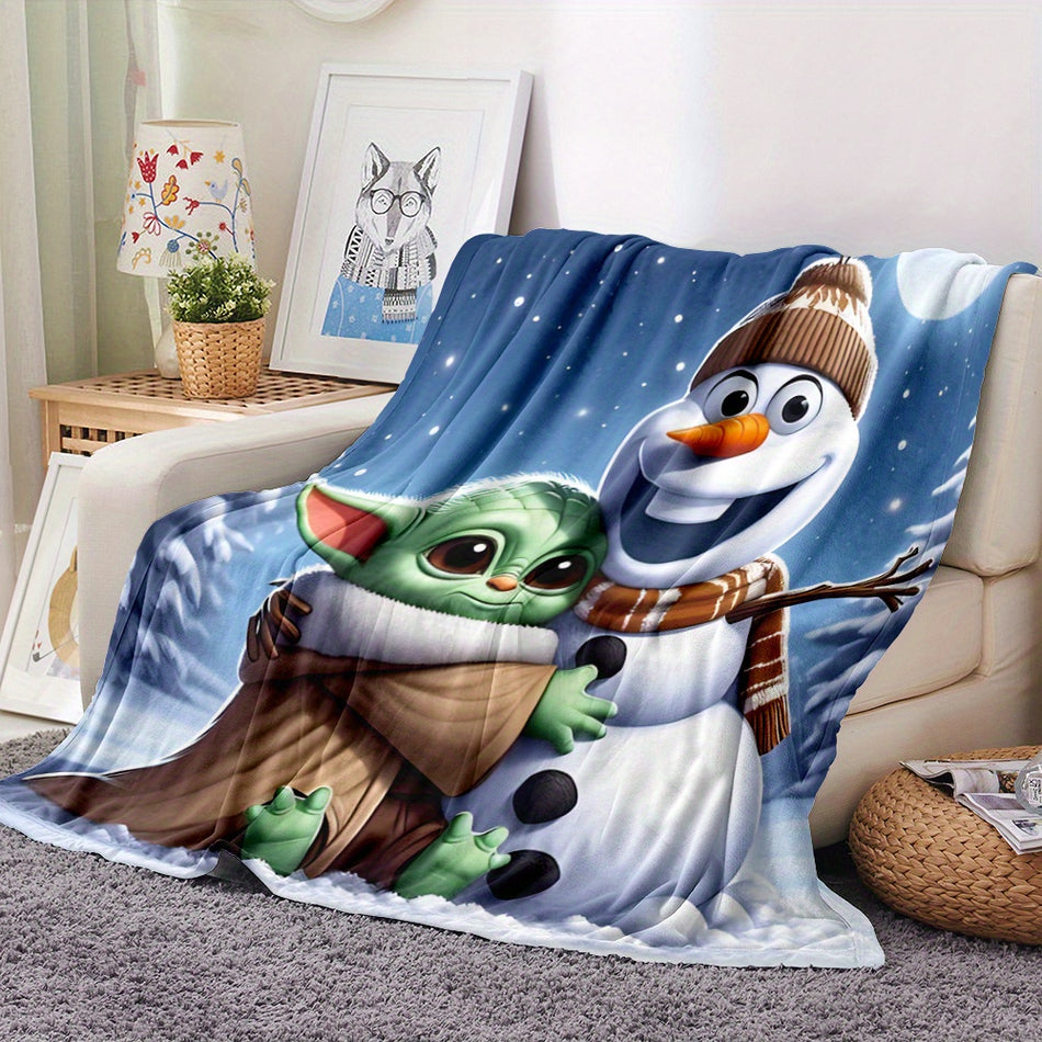 "Soft Fluffy Fleece Throw Blanket with Animated Snowman and Green Alien Character by UME"