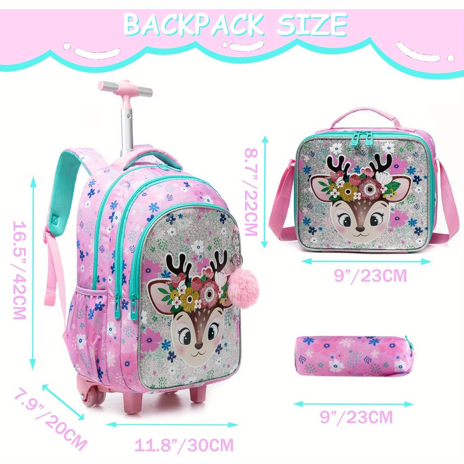 Cute 3-Piece School Backpack Set for Girls with Wheels - Cyprus