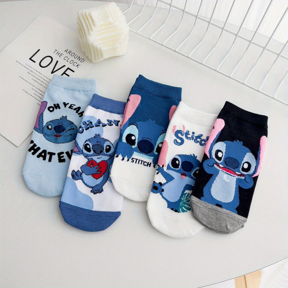 Cute Cartoon Blue Characters Pattern 5 Pairs Boy's Low Cut Crew Socks, Breathable Comfy Casual Socks Sweat-absorbing Fashion Socks