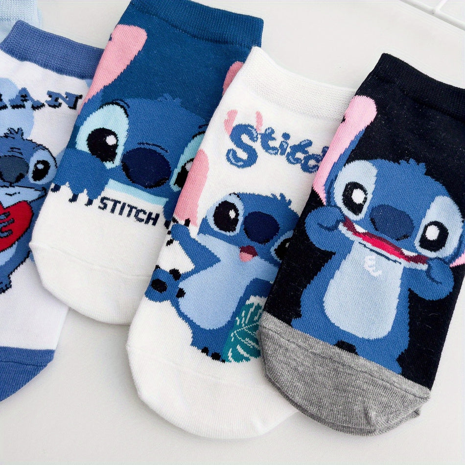 Cute Cartoon Blue Characters Pattern 5 Pairs Boy's Low Cut Crew Socks, Breathable Comfy Casual Socks Sweat-absorbing Fashion Socks