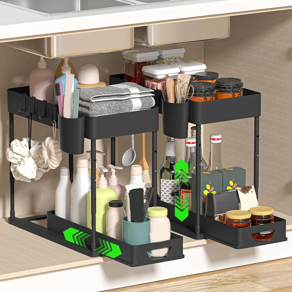 2-Tier Sliding Under Sink Organizer with Hooks & Cups for Kitchen and Bathroom