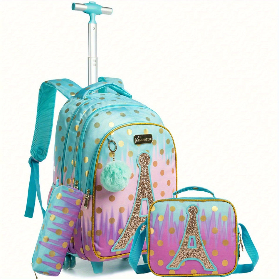 Lightweight Kids Rolling Backpack Set with Adjustable Strap - Embroidered Eiffel Tower Design - Cyprus