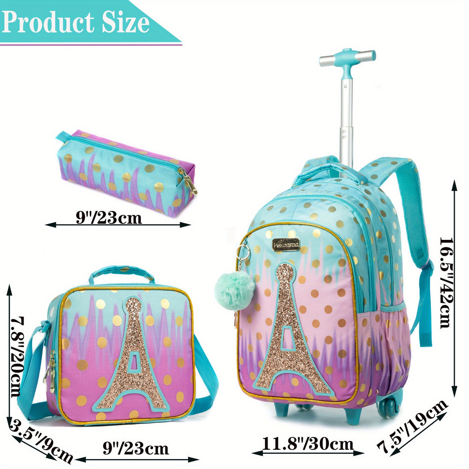 Lightweight Kids Rolling Backpack Set with Adjustable Strap - Embroidered Eiffel Tower Design - Cyprus