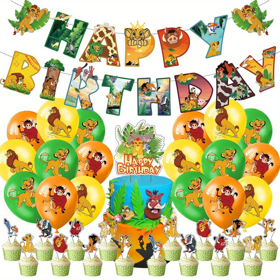 Lion King Themed Birthday Party Kit - Includes Happy Birthday Banner, Large Cake Topper, Cupcake Decorations & 18 Latex Balloons (6 Green, 6 Orange, 6 Yellow)