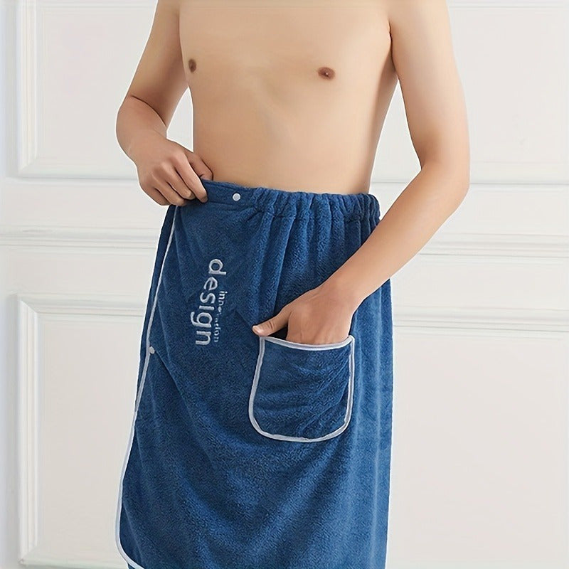 Men'S Soft Coral Fleece Wearable Bath Towel - Embroidered, Absorbent Shower Skirt With Pocket | Stylish Plain Color Bath Wrap For Spa & Sauna