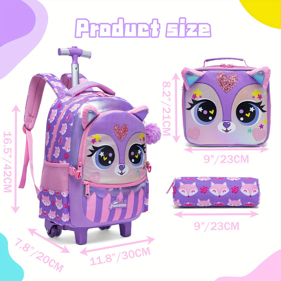 Chic 3-in-1 Nylon Rolling Backpack with Lunch Box for Girls - Cyprus