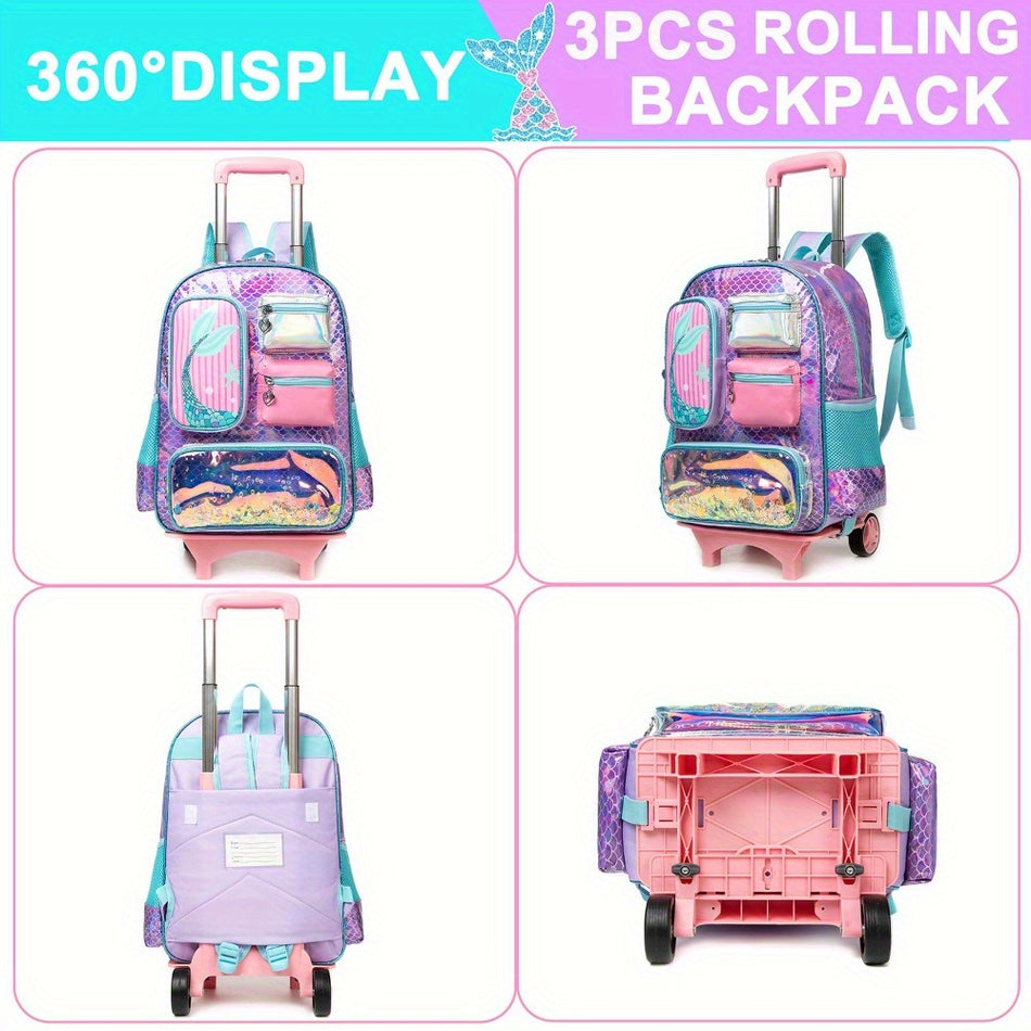 Cute & Stylish 3-in-1 Rolling Backpack with Lunch Box for Girls - Cyprus