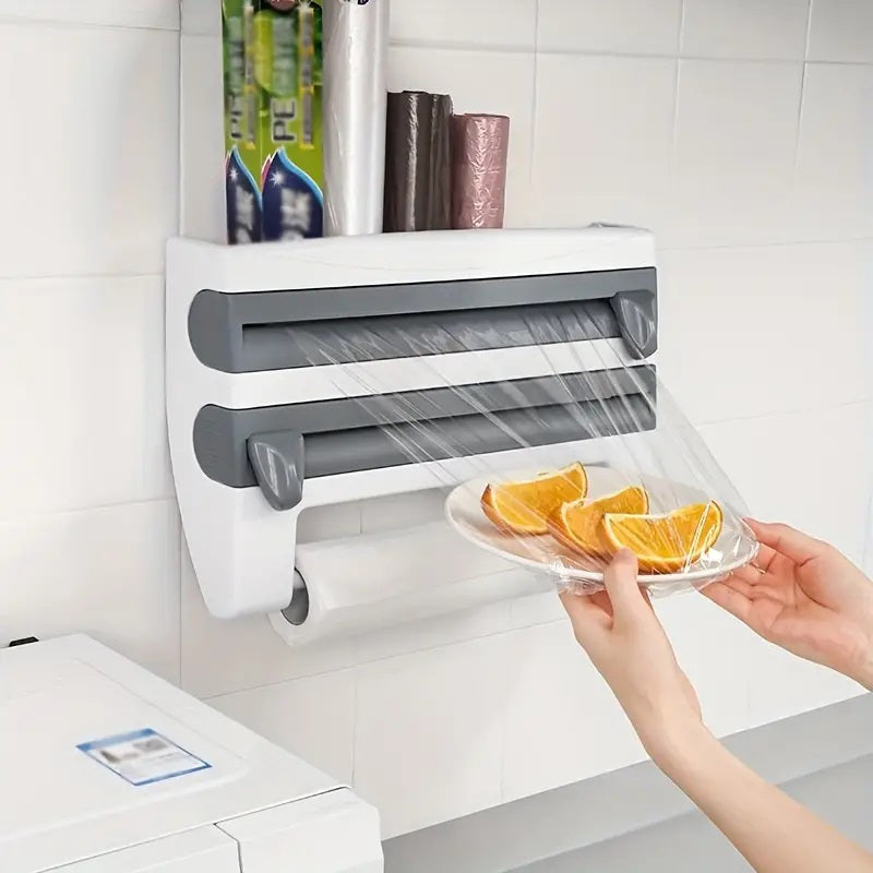 Wall-Mounted Kitchen Organizer with Reusable Towel Rod, Foil Dispenser, and Scissors