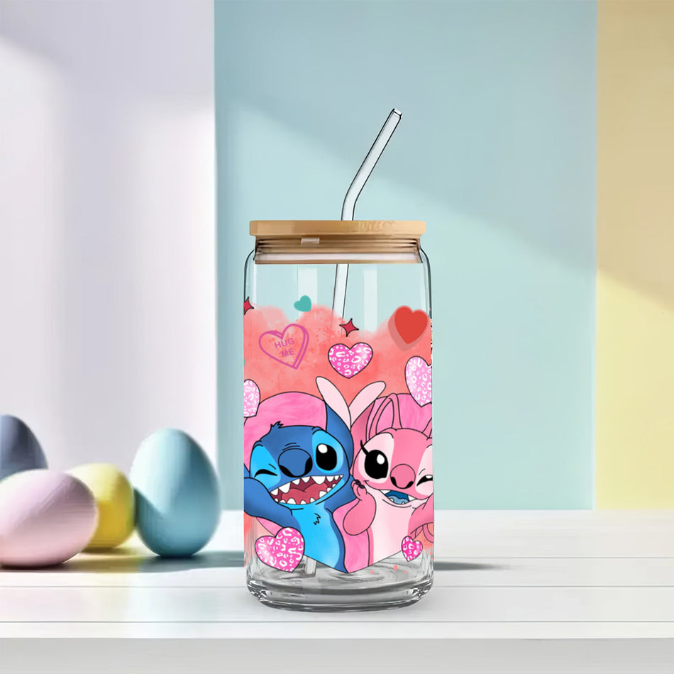 Εορταστικός Stitch 16oz Borosilicate γυαλιά με καπάκια και καλαμάκια - Κύπρος