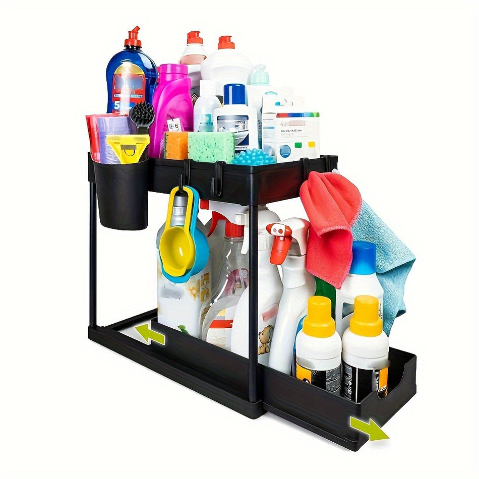 2-Tier Under Sink Sliding Organizer with Hooks and Cup Holders