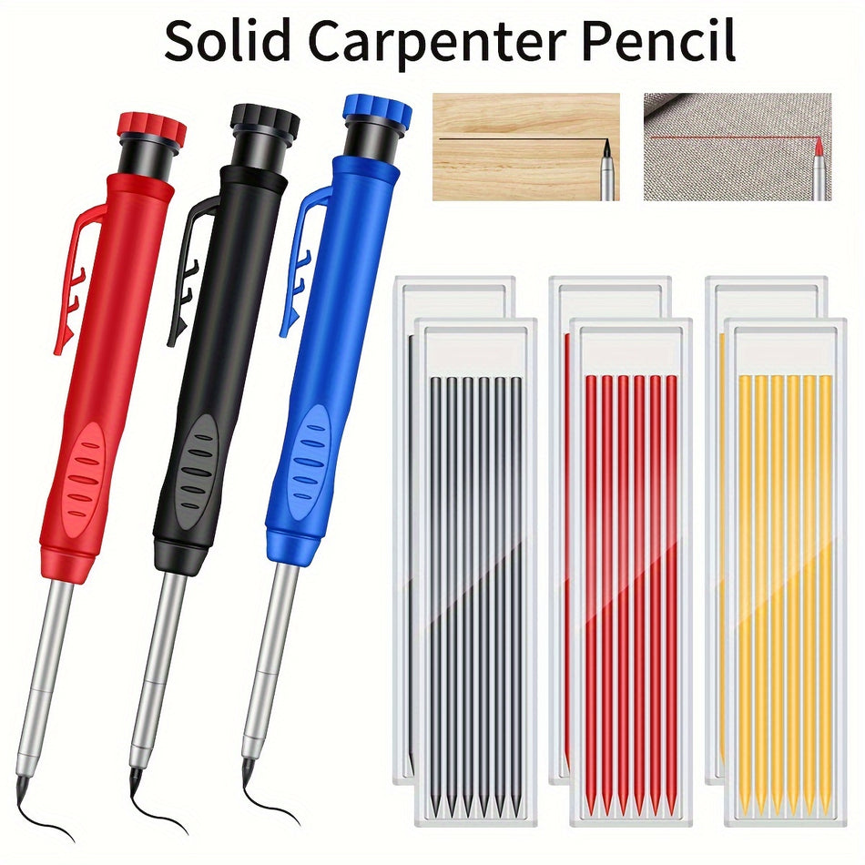 1set Solid Carpenter Pencil With Refill Lead And Built-in Sharpener For Deep Hole Mechanical Pencil Scribing Marking Woodworking Tool