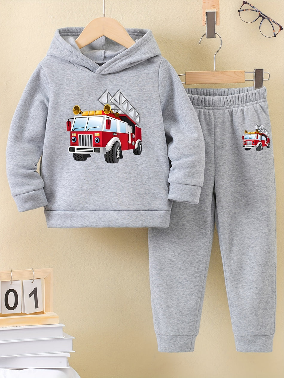 Boys' Cozy Fleece-Lined Hoodie & Joggers Set With Cool Car Print - Perfect For Fall/Winter, Machine Washable