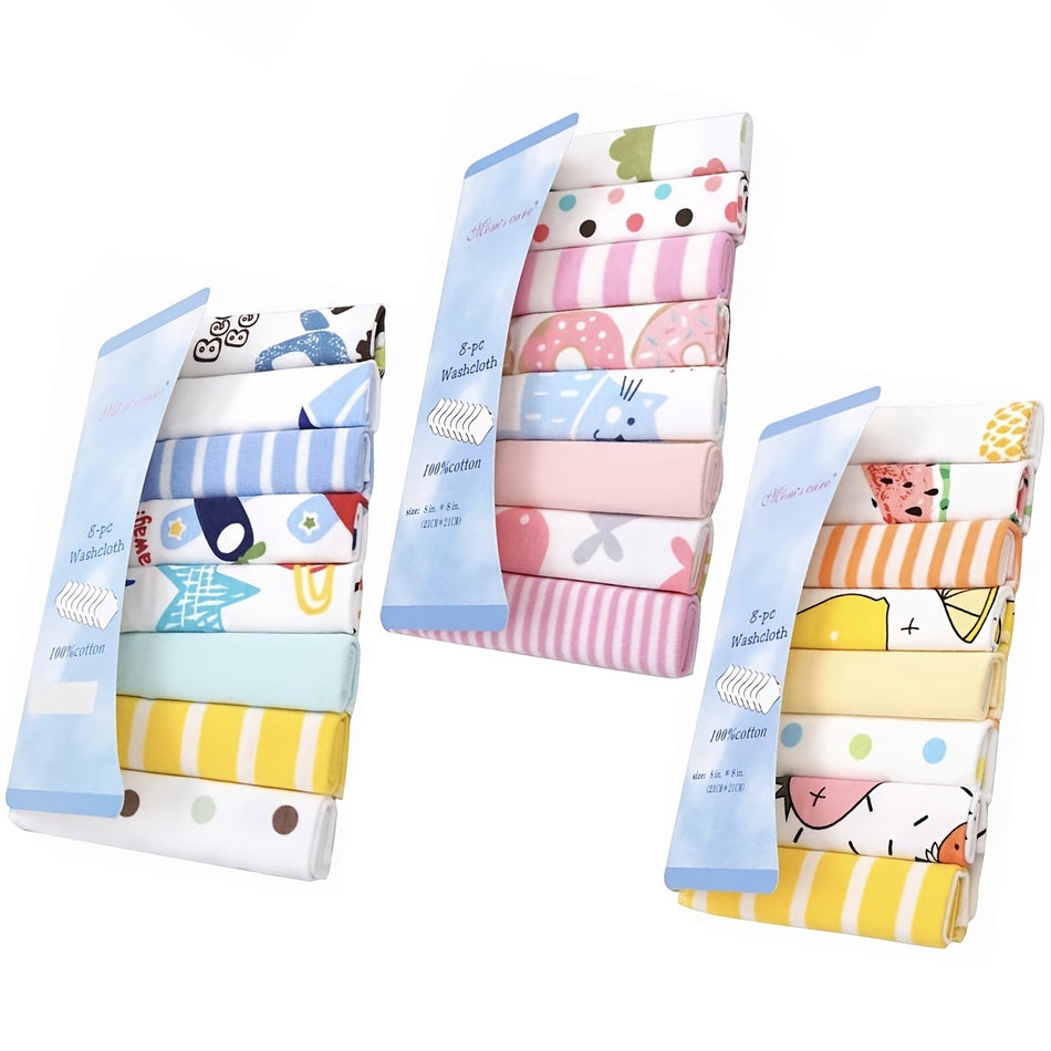 8pcs Baby Washcloths, Soft Baby Face Towels, Natrual Cotton, Infant Bath Towel, Baby Feeding Saliva Towel Burp Cloth Bib, Handkerchief, Baby Shower Gift-Random Pattern