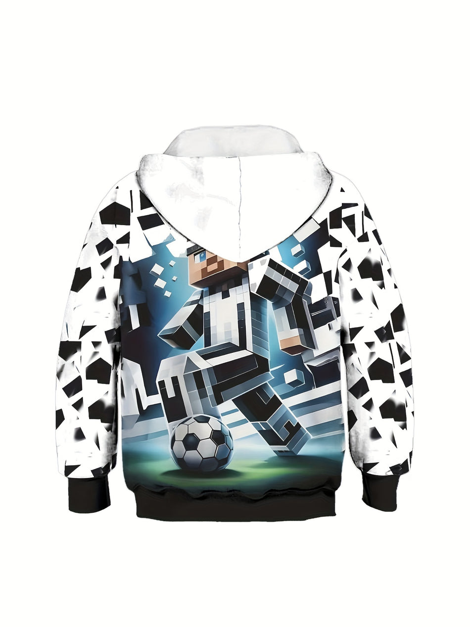 Cartoon Blocks Football Player 3D Print Boys Casual Long Sleeve Hoodies, Boys Sweatshirt For Spring Fall, Boys Hoodie Tops Outdoor