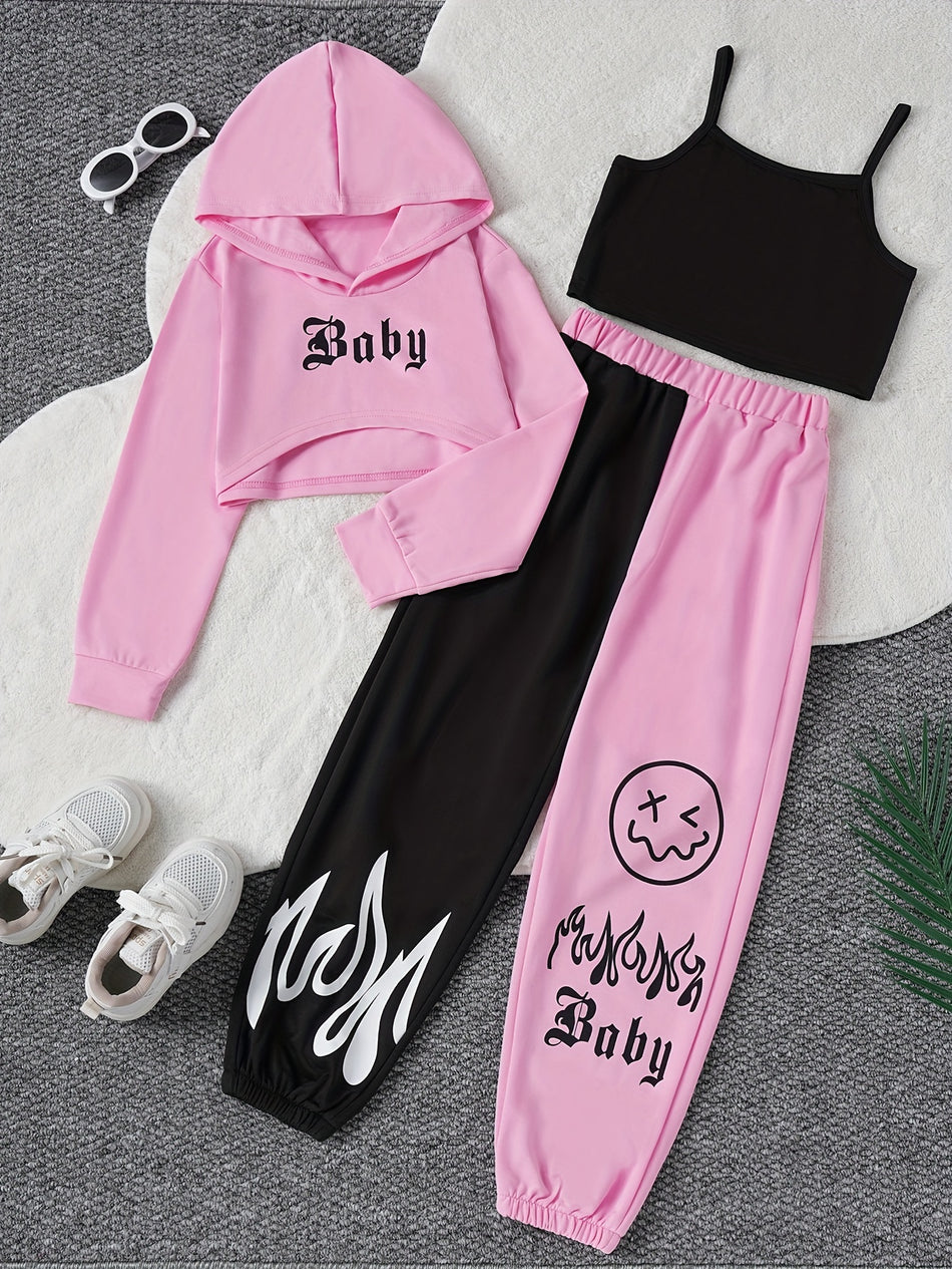 Color Clash 3pcs Girls Set - Alphabet Pattern, Long Sleeve Crop Hoodie Top + Camisole + Trousers - Spring/Fall Outfit, Casual Gift - Cyprus