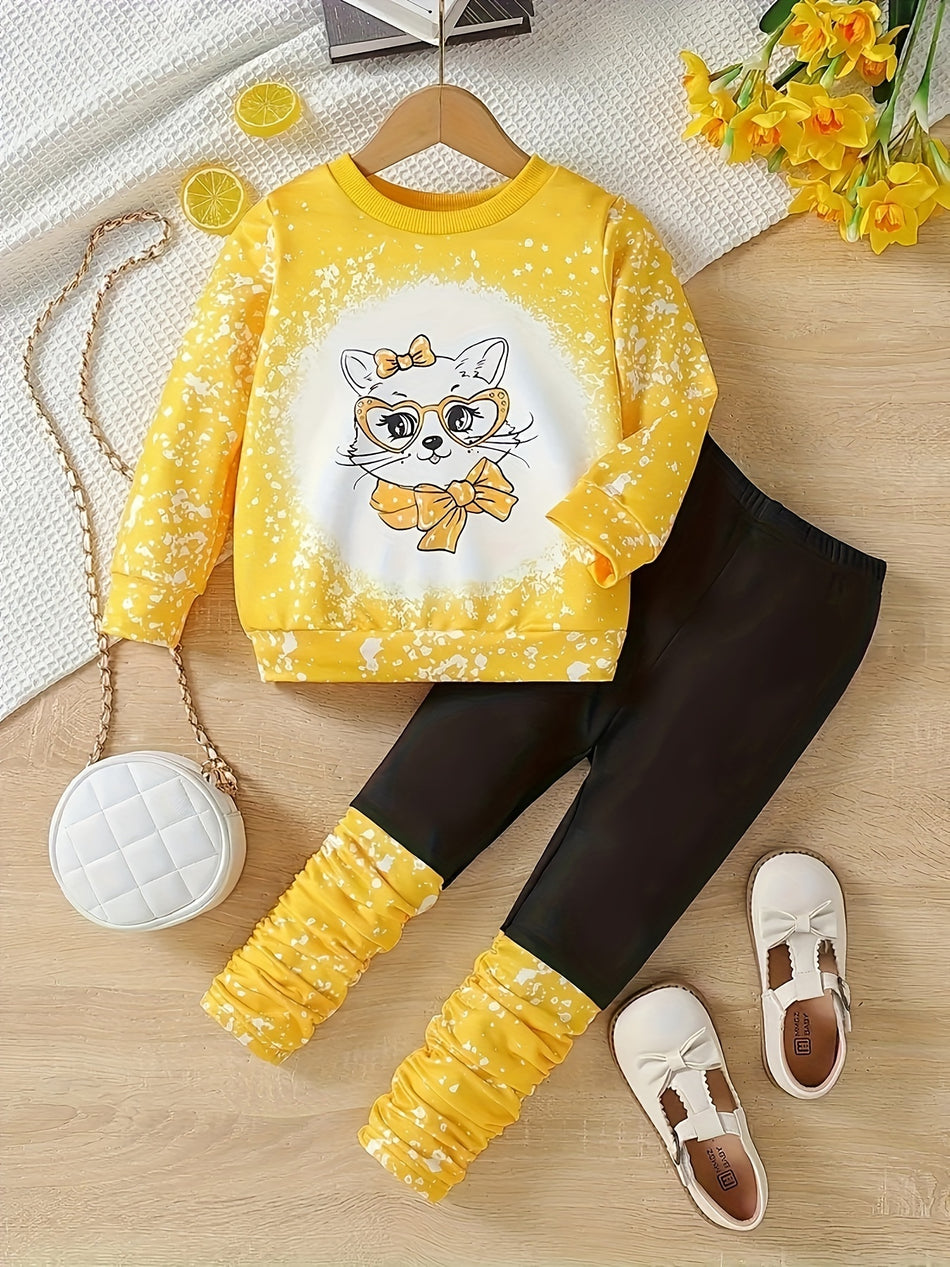 Kızlar 2pcs Karikatür Kedi Desen Mürettebat Boyun Uzun Kollu Te Sweatshirt Rahat kazak + kızlar için Set Giyim Sporları