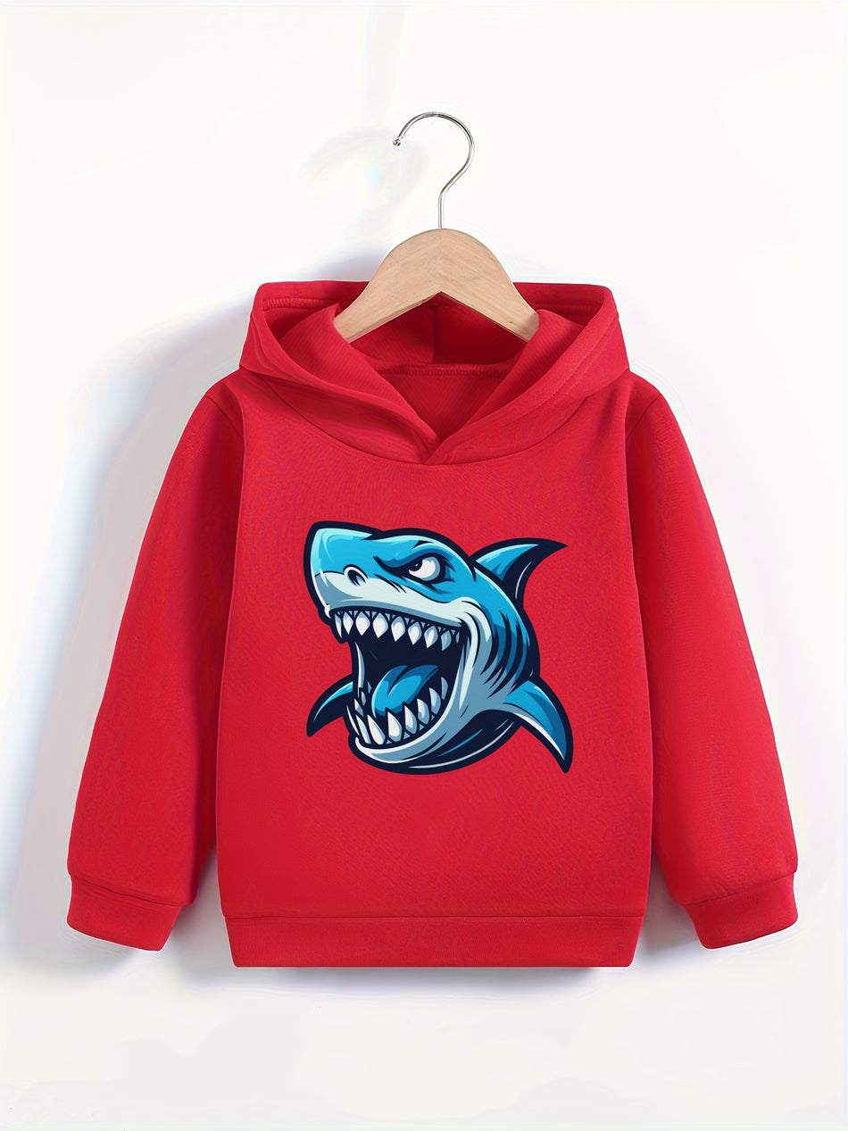 Cartoon Fierce Shark Print, Boy's Fashion Casual Comfy Round Neck Pullover Hoodies For Daily And Outdoor Wear, Spring And Fall Tops