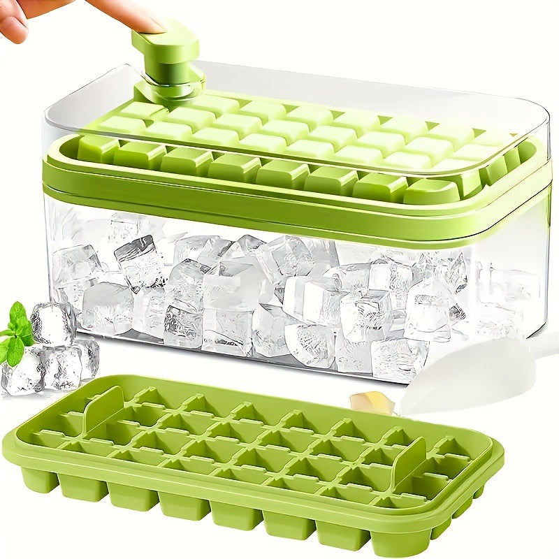 The Press Ice Grid Plastic Ice Cube Tray With Lid & Bin - Easy Release & Space Saving - 2 Trays & Scoop - Food Grade PP - Cyprus