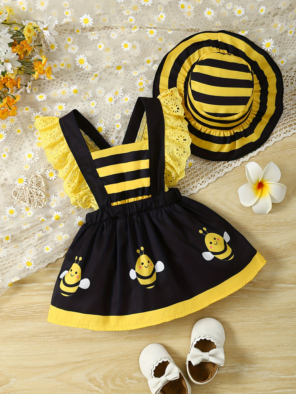 Baby's Cute Print Lovely Dress & Stripe Pattern Hat, Ruffle Decor Sleeveless Dress, Infant & Toddler Girl's Clothing For Summer/Spring, As Gift