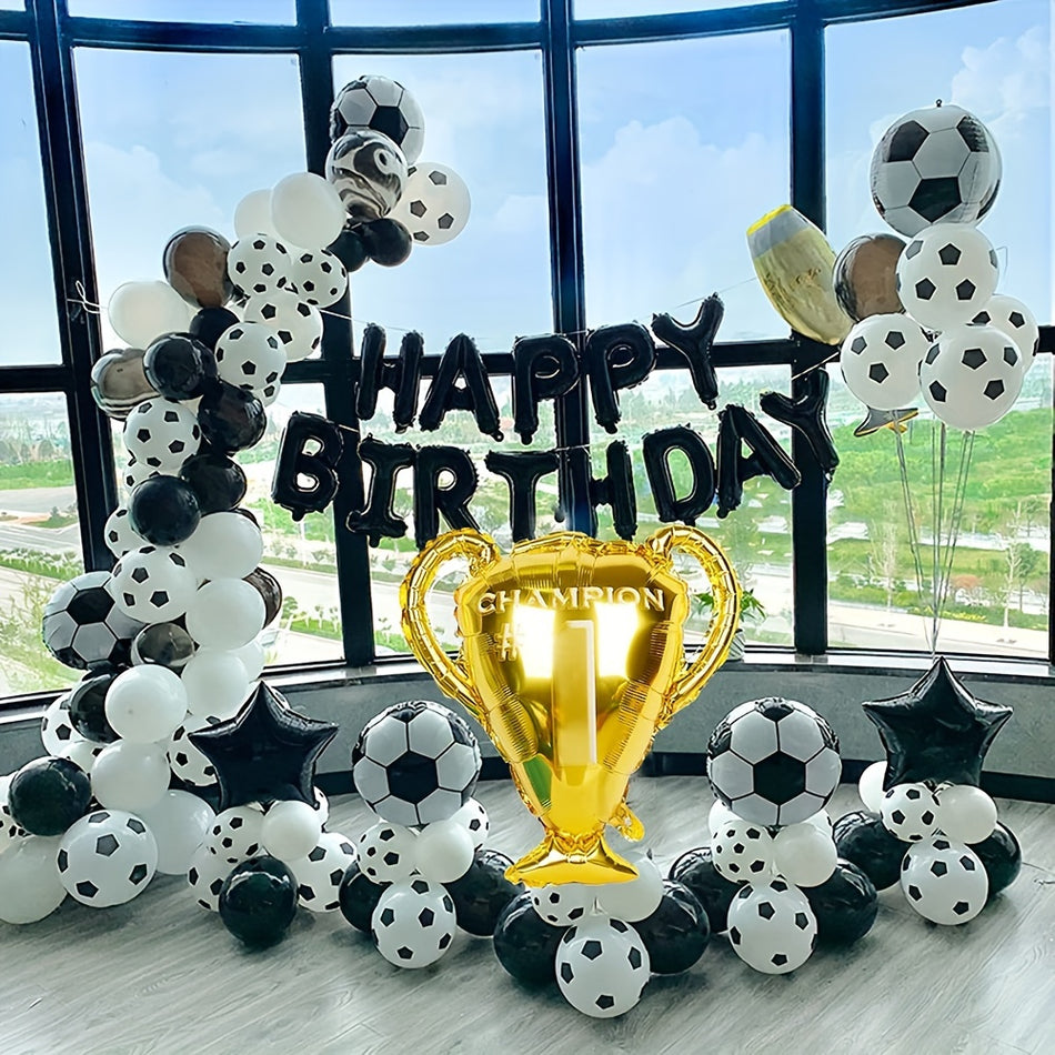 Champion's Celebration 7-Piece Soccer Trophy & Balloon Set - Ideal for Football Theme Parties & More - No Electricity Needed - Cyprus