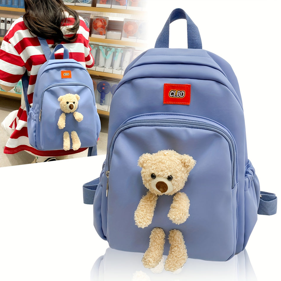 Girls Lightweight Oxford Backpack with Removable Cute Plush Bear - Cyprus