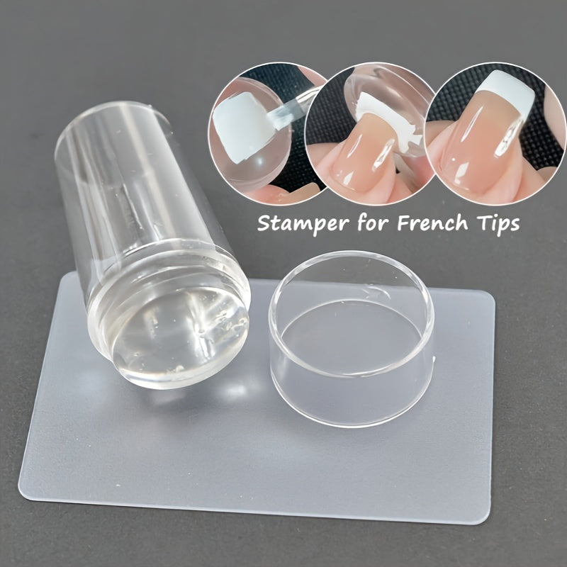 1 Stück transparenter Silikonstempel + Spatel Set Nail Art Printing Tool Nagelkunst Silikonstempel Ein Maniküre -Hilfsmittel für schnelle und einfache französische Manikürekunst